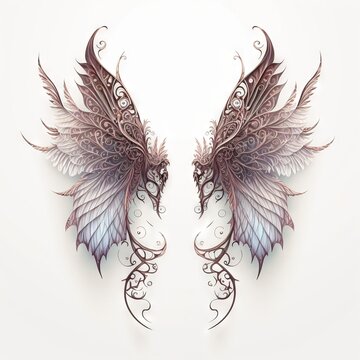  Two Wings With Intricate Designs On Them On A White Background, One Of Which Is Purple And The Other Is Blue And White, Are Two Different Colors, And Are Facing Each Other Two. Generative Ai