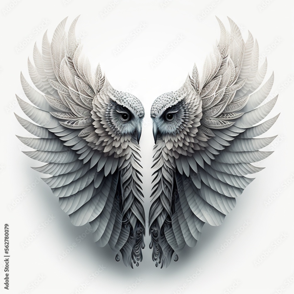 Poster a white owl with large wings on a white background with a shadow of its head and wings spread out to
