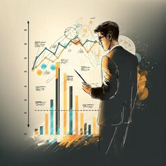 Businessman analyzing growth and progress of company through investment data, strategizing and planning with team for successful business partnerships and deals.