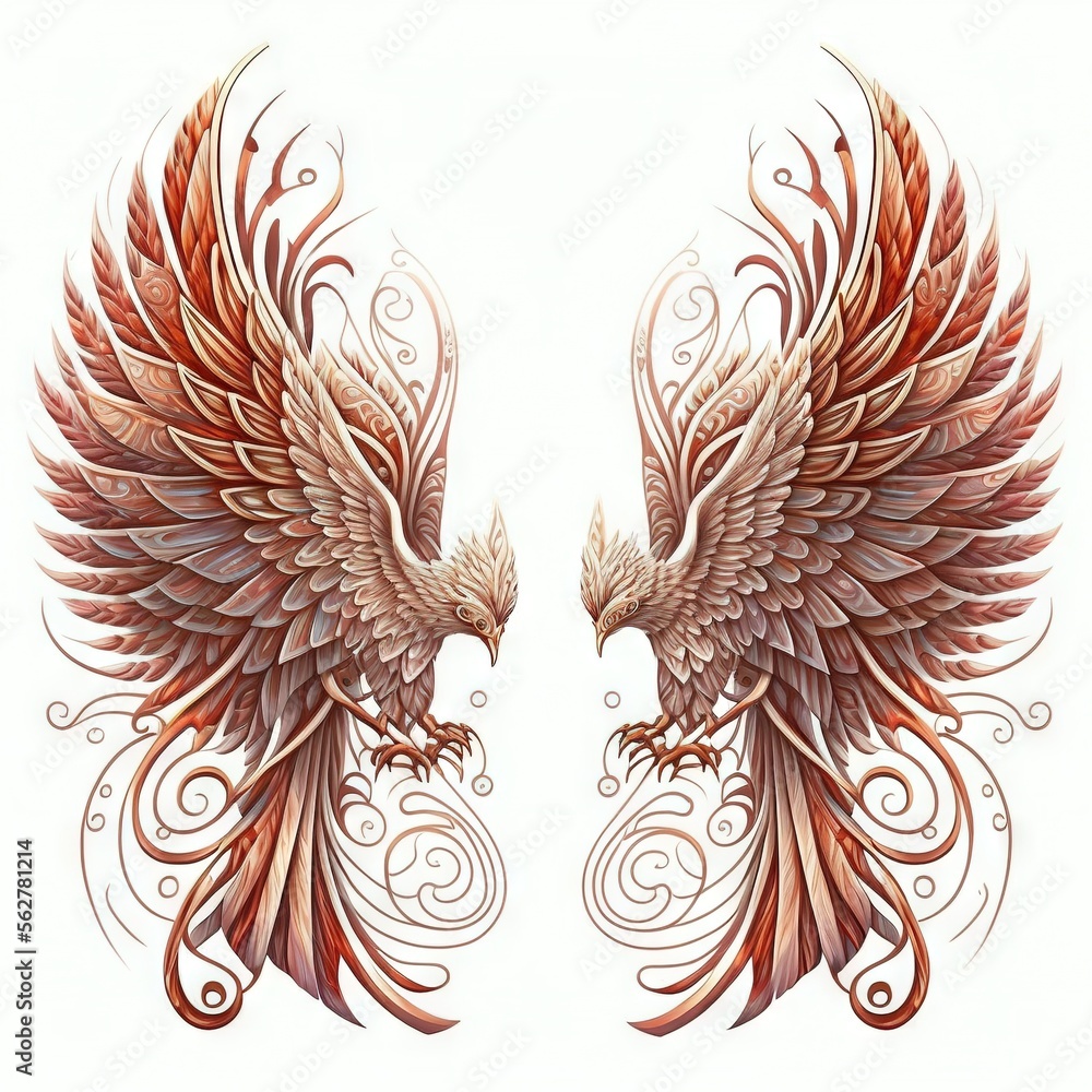 Aufkleber two large red and white birds with intricate designs on them'wings, one of which is a bird with a lo