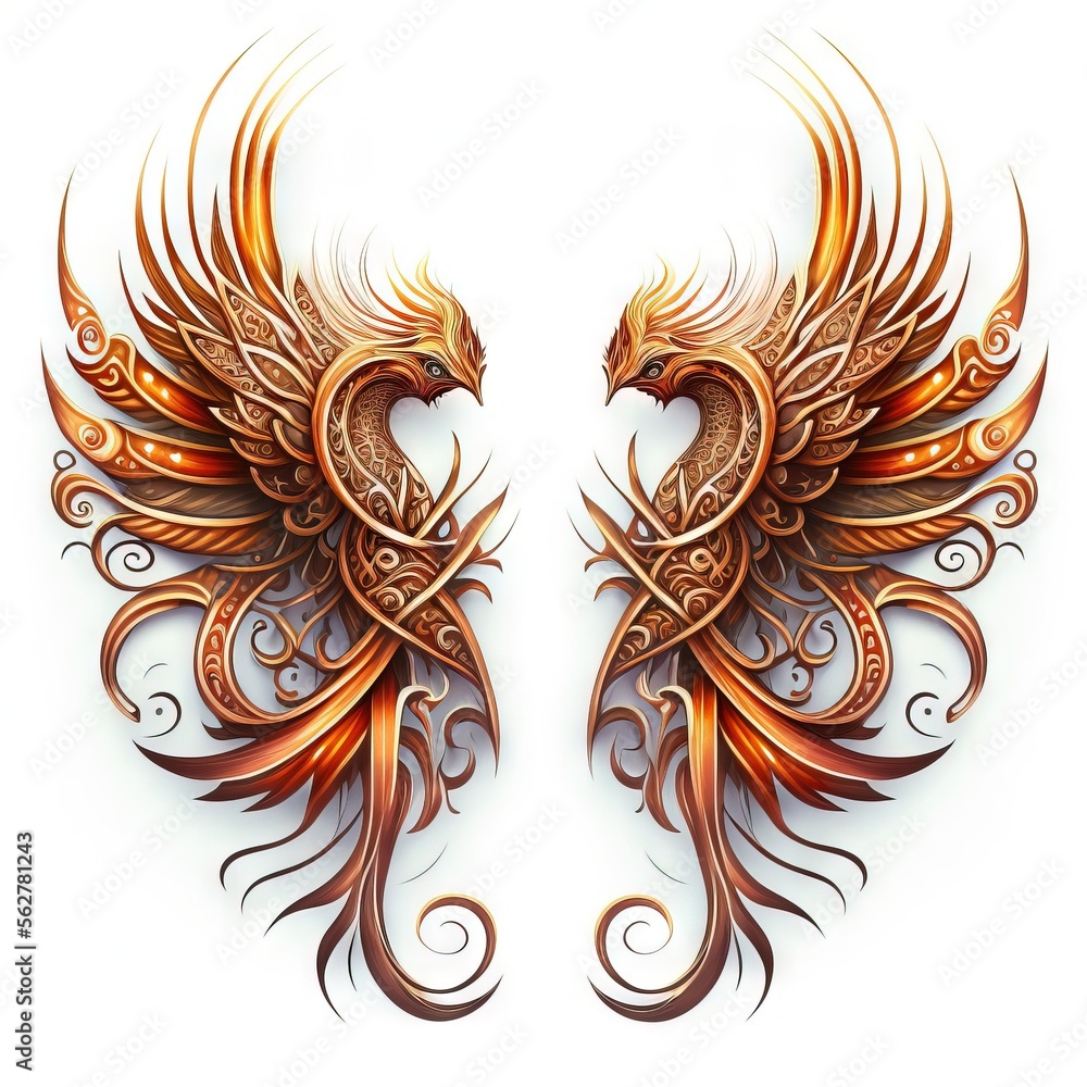 Poster two golden wings with intricate designs on them, one of which is a bird with a long tail and two sma