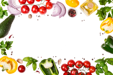 Fresh variety vegetables, spices and herbs frame. Place for text or recipe, transparent background