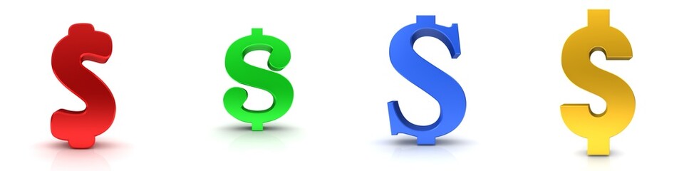 Colored Dollar $ signs red green blue yellow golden 3d symbols