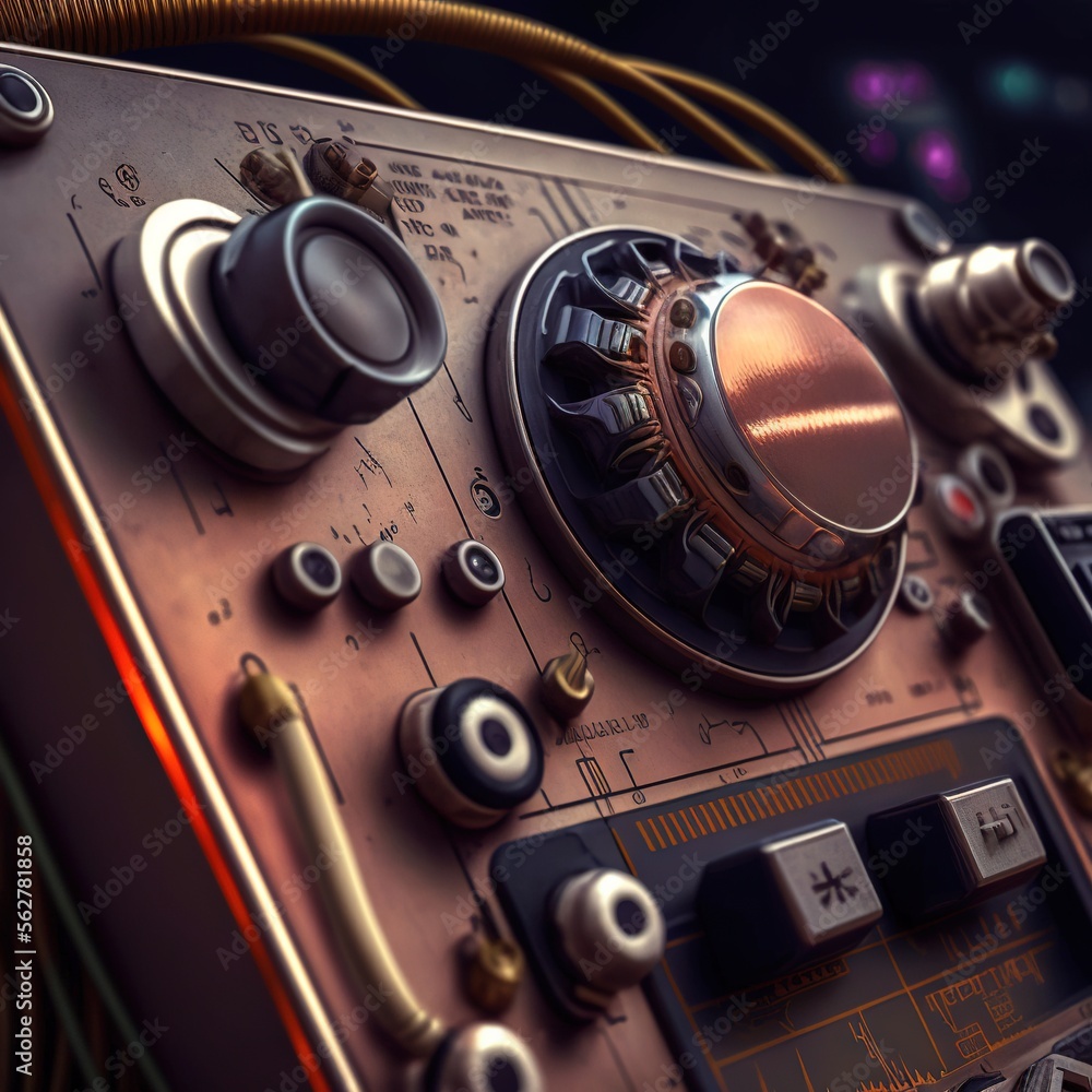 Poster a close up of a control panel with knobs and controls on it's side and a wire on the other side of t