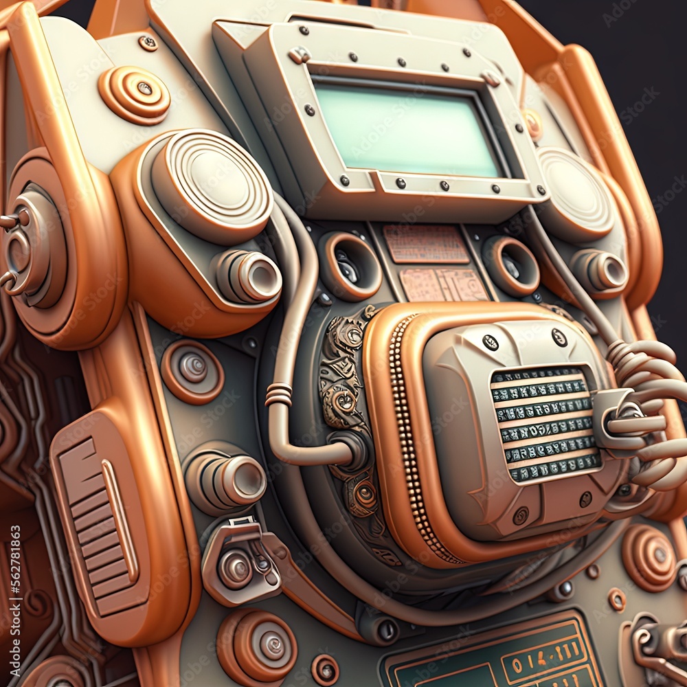 Poster a computer generated image of a robot with a clock on its chest and a computer screen on its chest, 