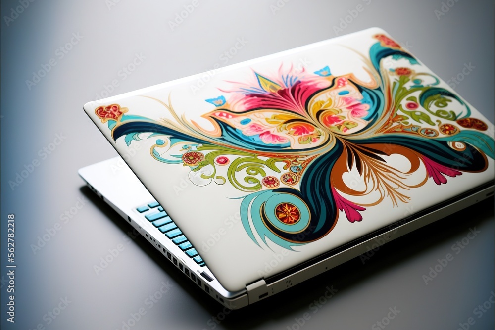 Poster a laptop computer with a colorful design on the cover of it's cover is sitting on a table top surfac