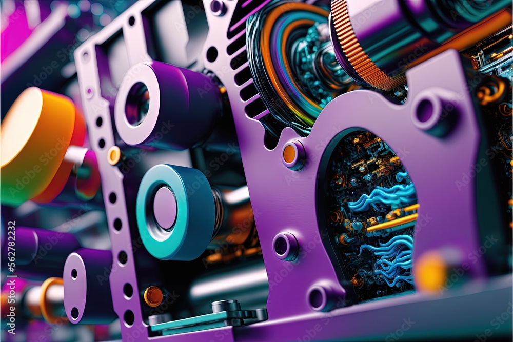 Poster a close up of a machine with many different colors and sizes of gears and gears on it's side and a b