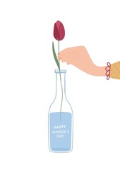 Minimal illustration of a hand placing a red tulip into a glass bottle with happy women’s day text. Soft pastel background and simple floral greeting card composition. © _Julia_red