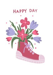 card with flowers, Bouquet of flowers in red sneaker, on isolated white background. Spring illustration. 