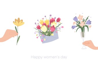 Set of elements for March 8th with a bouquet of flowers, a ribbon, an envelope in a flat style. Cartoon isolated illustration of flowers, with the inscription from March 8th. Greeting card with flower