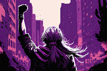 Generative AI illustration of woman, from behind, raising her fist, background in the purple city - obrazy, fototapety, plakaty