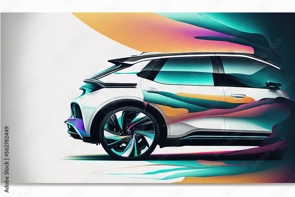 Poster a white car with a colorful design on it's side and a black car with a blue tail light on it's side 