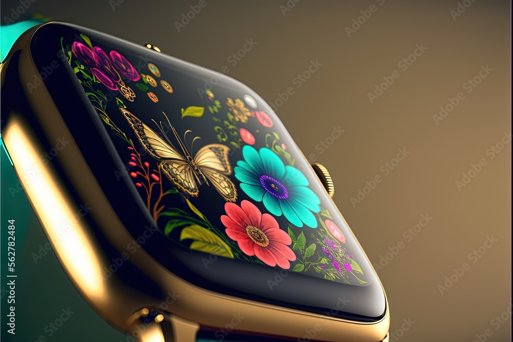 Poster a colorful watch with a butterfly on it's face and a flower design on the front of the watch face, w