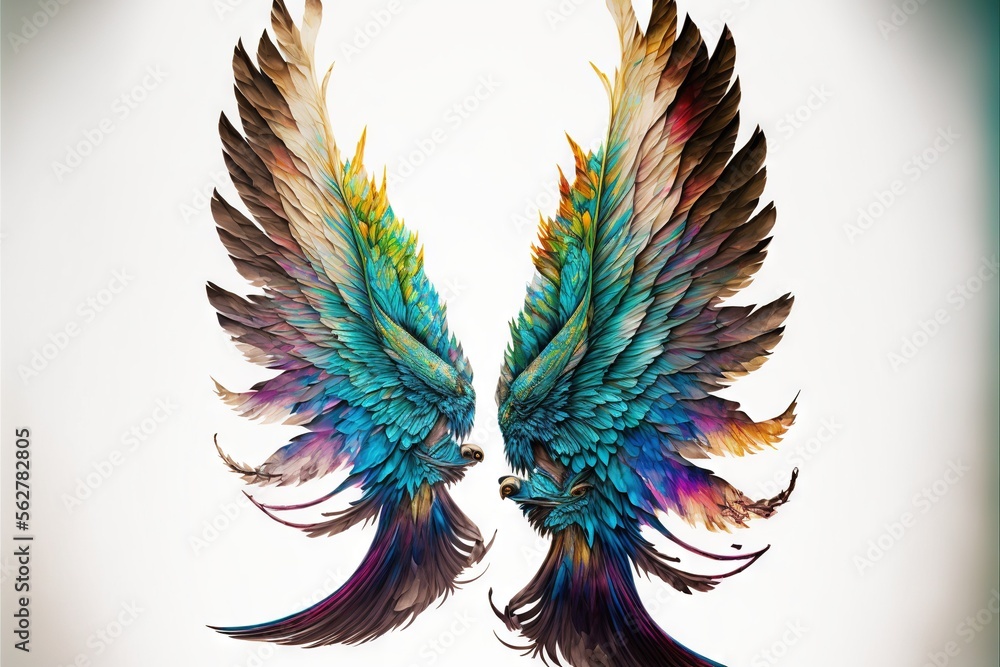 Poster a pair of colorful wings on a white background with a blue sky in the background and a white sky in 