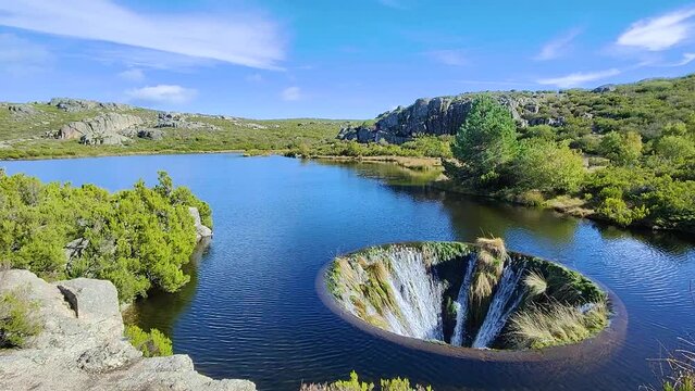 View of Cov&atilde;o dos Conchos in Serra da Estrela, Portugal. Travel and adventure. Nomad life. Hiking lifestyle. Best destinations in the world. Human made construction on the lake.