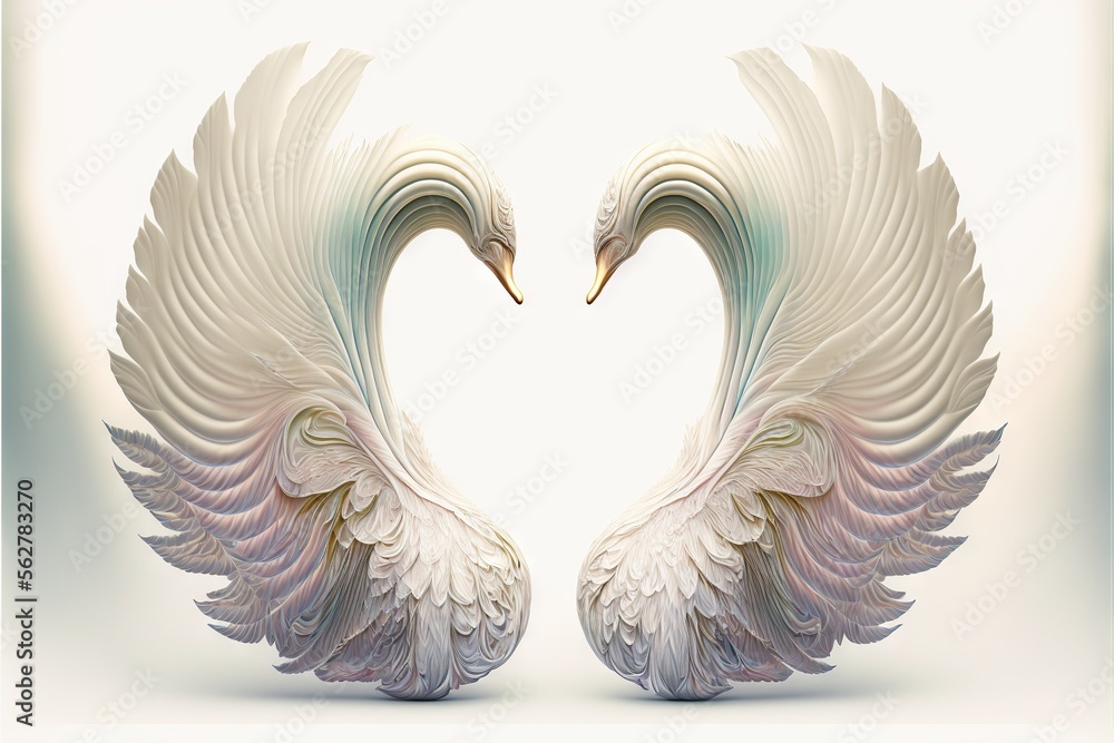 Poster two white swans with wings spread out facing each other in a heart shape with a light blue backgroun