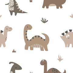 Vector hand drawn repeating pattern with cute dinosaurs and textures in boho style for children's and textile decoration.