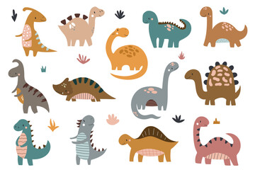 Obraz na płótnie Canvas Set with cute dinosaurs on a white background. Vector illustration for nursery decoration, textiles, postcards, posters