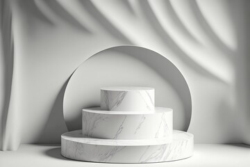 Symmetrical White stone marble nature product display, podium platforms, cosmetic placement studio platform. Generative AI