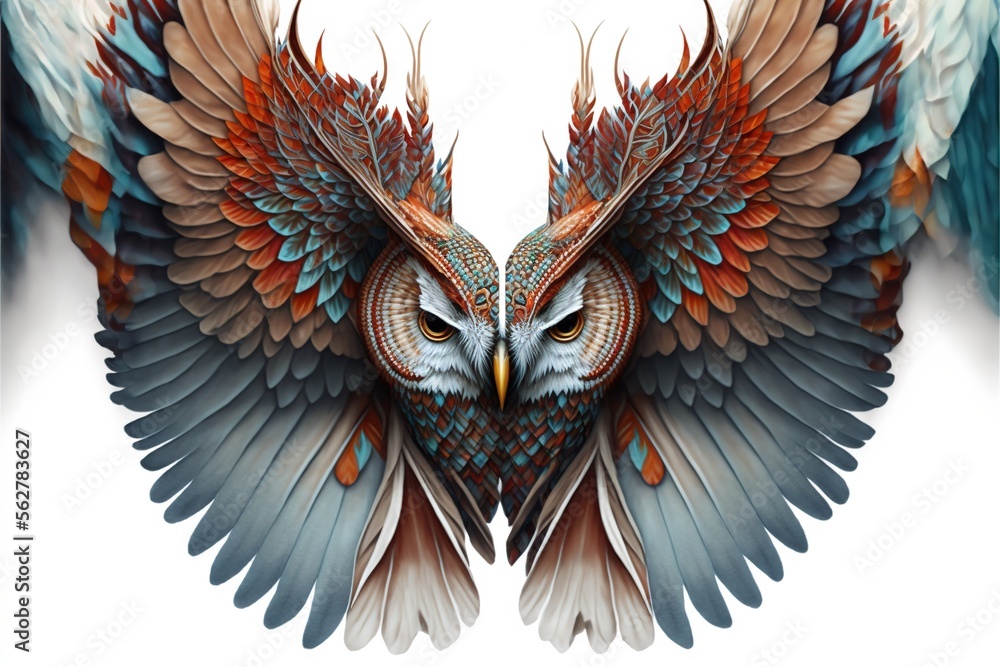 Aufkleber a colorful owl with wings spread out and a white background is shown in the image above it is a whit