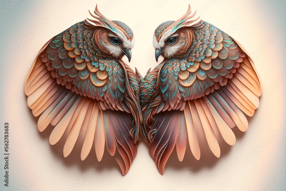 Poster two colorful birds with wings spread out to each other on a white background with a blue sky in the 