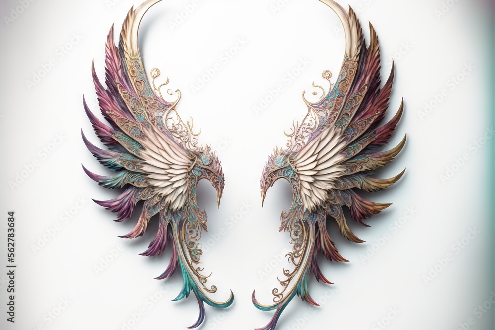 Poster a pair of wings with intricate designs on them on a white background, with a blue border around the 
