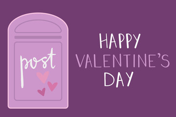 St. Valentine's day greeting card. Purple mailbox with heart for love letters. 