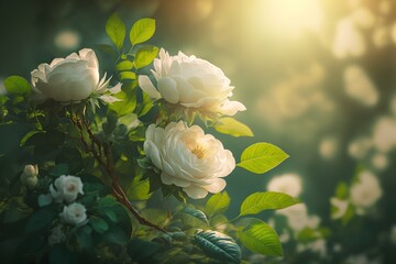white roses on naturally blurred background in a garden in the morning time with copy space