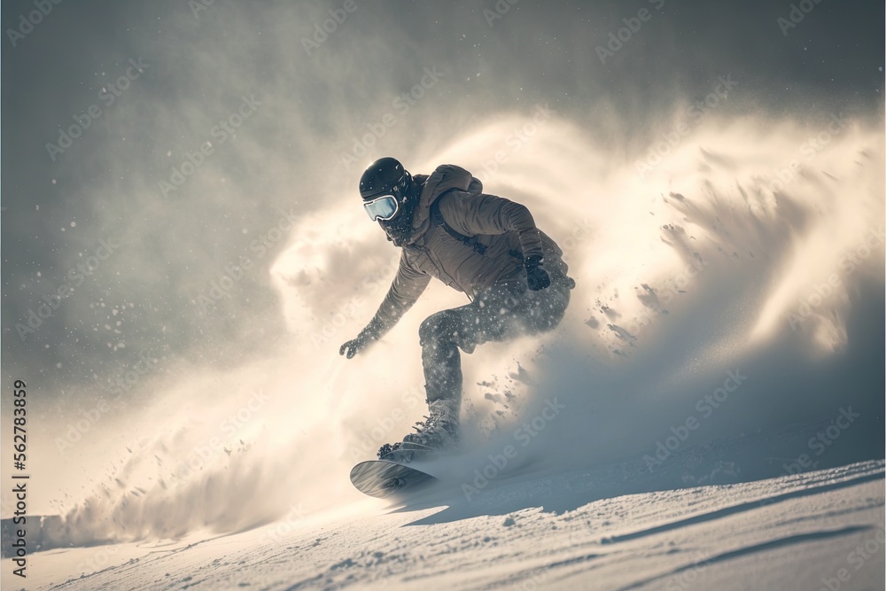 Poster a man riding a snowboard down a snow covered slope in the snow with a helmet on and goggles on his f
