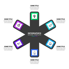 Infographic template. Cross with 6 squares and icons