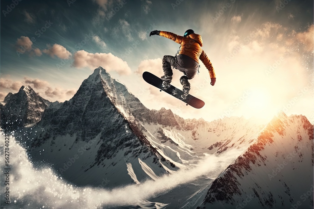 Poster a snowboarder is in the air above a mountain range with clouds and sun shining through the clouds ab