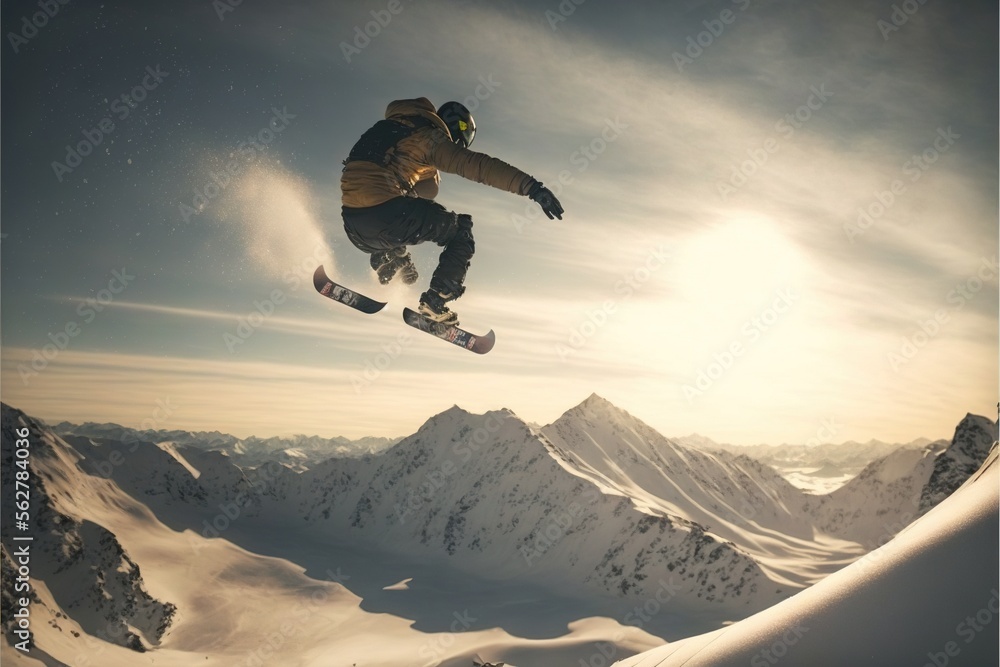Poster a snowboarder is in the air above a snowy mountain range with a sun in the background and a mountain