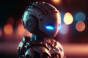 Fototapeta premium Sad Little Robot: A Close-Up with Bokeh Background of a Futuristic Robotic Android Character