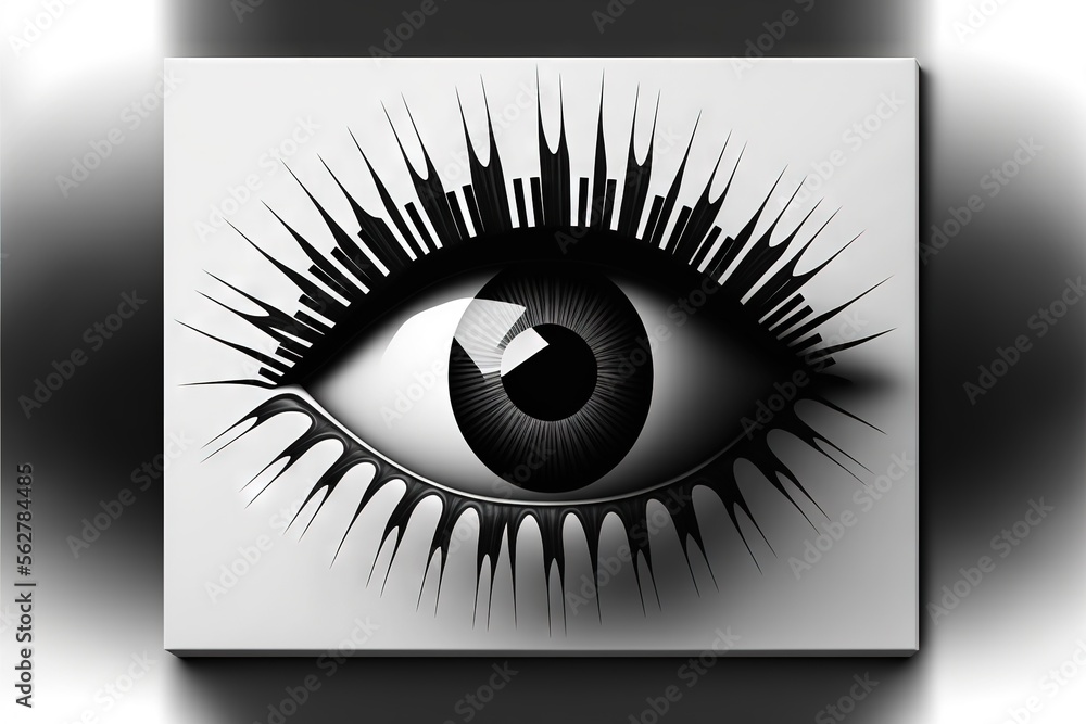 Poster a black and white picture of an eye with spikes on it's iris and a city in the background, with a sh