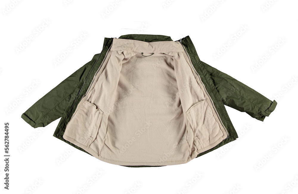 Wall mural Open khaki warm jacket. Isolated green jacket on a white background. Nobody. Beige, warm lining.