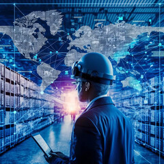 Manager and engineer monitoring and managing logistics network, analyzing distribution and customer data for import and export on a global background created with Generated AI technology