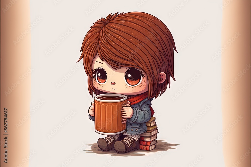 Poster  a little girl holding a cup of coffee while sitting on a pile of books with a bookcase in front of her and a book on her lap, with a white background with a. generative ai generative ai