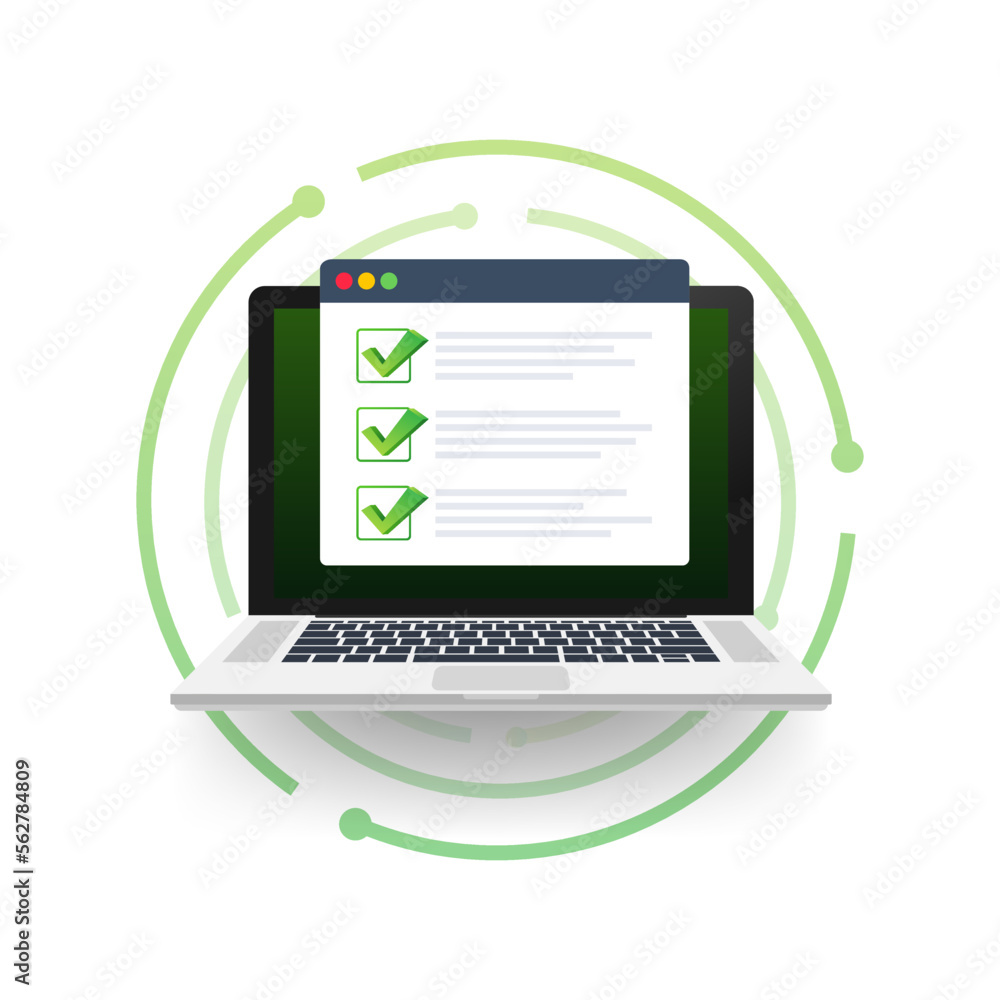 Aufkleber checklist browser window. check mark. white tick on laptop screen. choice, survey concepts. vector s