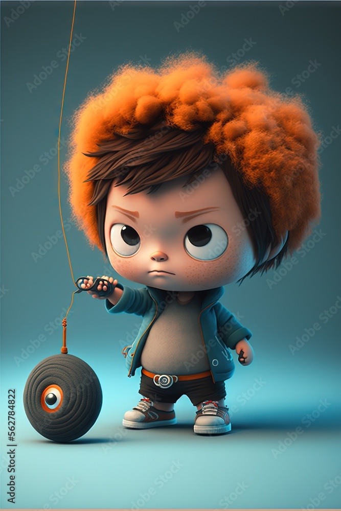 Poster a cartoon character with an orange hair holding a string and a ball of string in his hand and a blue