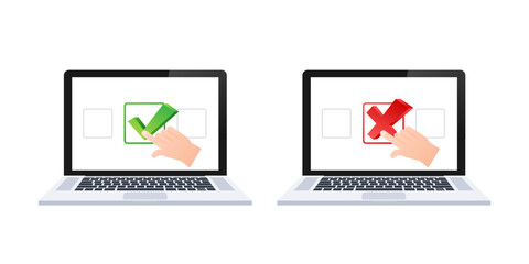 Cross and check marks on laptop screen. Wrong and right. Vector stock illustration.