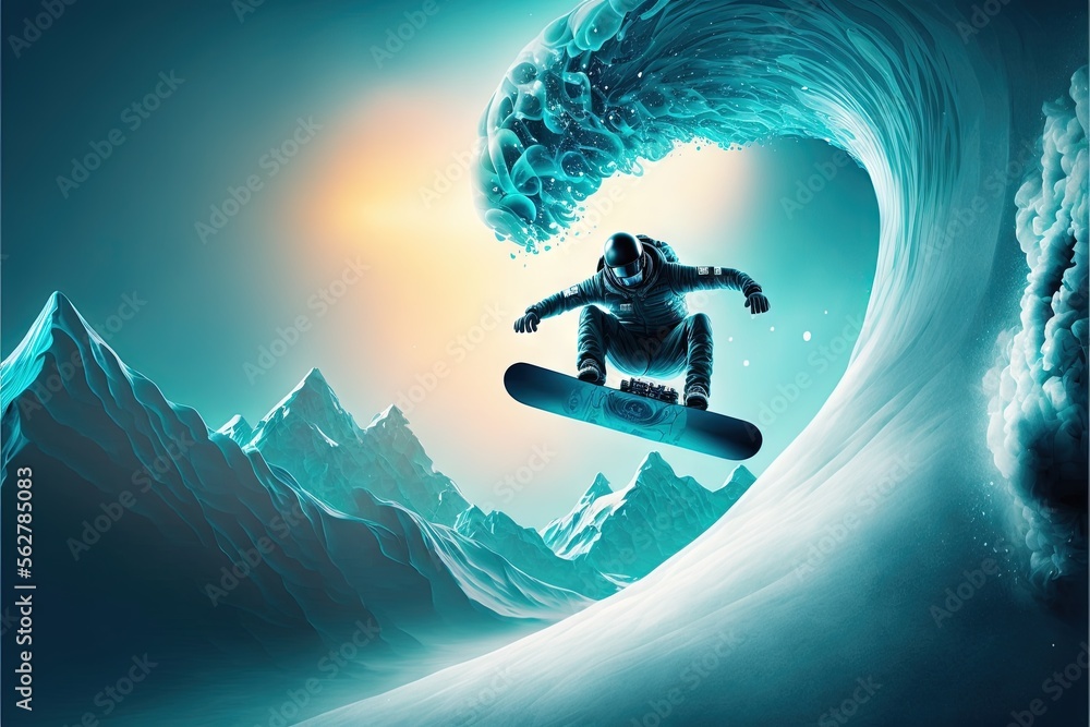 Poster a man riding a snowboard on top of a wave in the ocean at night time with a full moon behind him and
