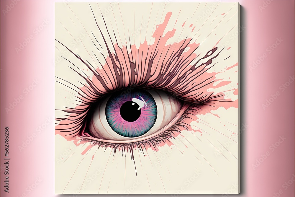 Poster a painting of a blue eye with pink streaks on it's iris and a pink background with a pink frame arou