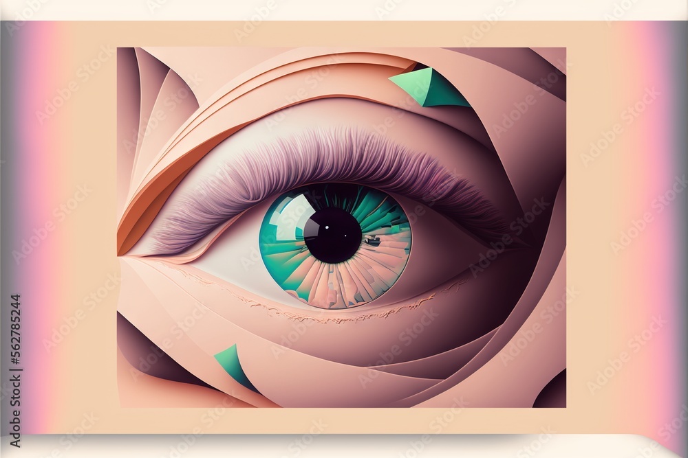 Poster a painting of a blue eye with a pink background and a pink frame around it that has a pink and green
