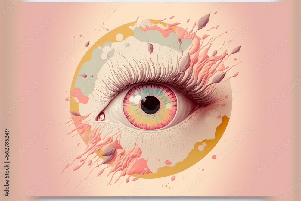 Poster a painting of an eye with a tear coming out of it's irise and a pink background with a yellow circle