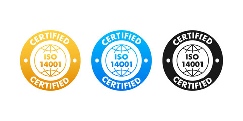 ISO 14001 Certified badge, icon. Certification stamp. Flat design vector illustration.