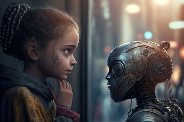 A girl standing in front of a futuristic robot, generative ai