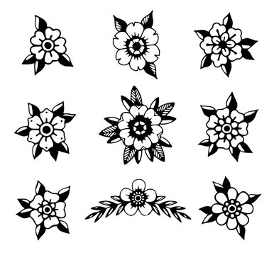 Traditional tattoo flowers rose poppy outline SVG vector
