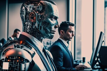 A business man working alongside an artificial intelligence cyborg in an office setting, depicting the future of work and the integration of AI in the workforce, generative ai - obrazy, fototapety, plakaty