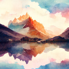 Watercolor mountains with sunset or sunrise. Mountain landscape with white and pastel painted clouds in pink and blue. Dramatic ragged large fantasy mountain range, lake reflection. Generative AI