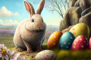Easter Illustration. Easter Egg. Easter Bunny. Created by Generative AI